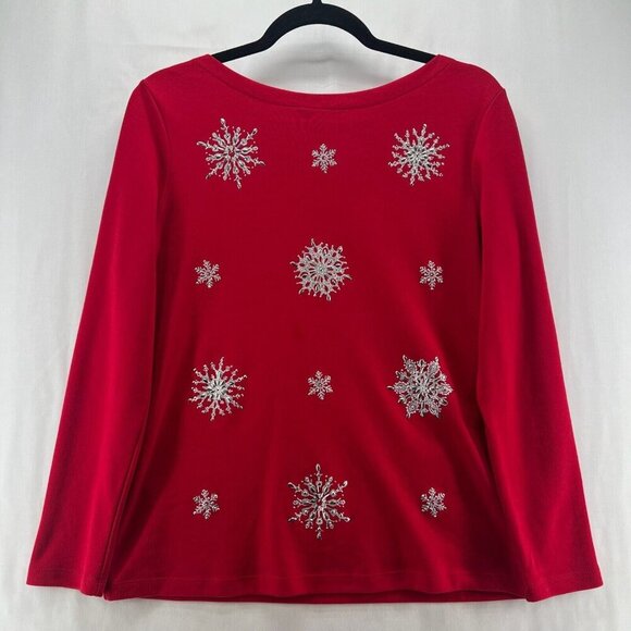 Karen Scott Tops - Karen Scott Top Size PM Embellished Snowflake Holiday Boat Neck Long Sleeve Red